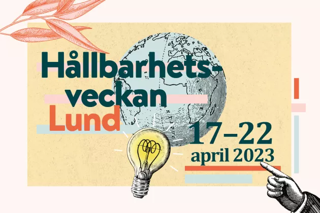 Texten Hållbarhetsveckan Lund 17-22 april 2023 mot en gul och rosa bakgrund. Illustrationer av löv, en jordglob och en glödlampa. Grafisk illustration.