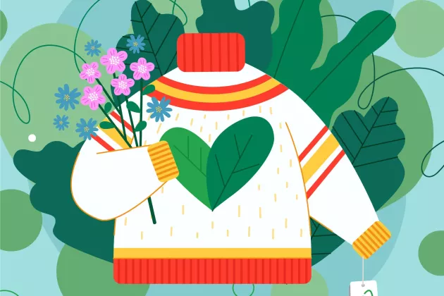 Tecknad illustration på en stickad tröja med ett hjärta på magen, omgiven av växtlighet