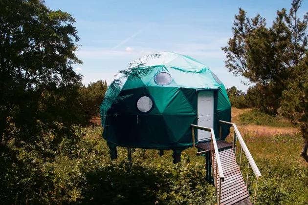 A green dome made of green textile in the middle of a green forest. Photo.