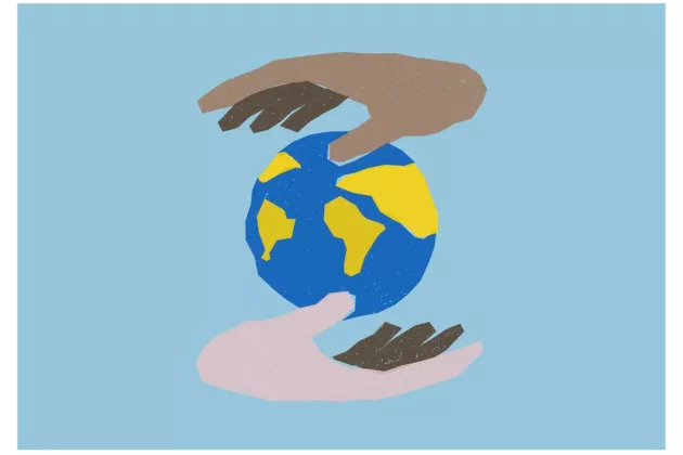 Two hands above and below a globe. Illustration.
