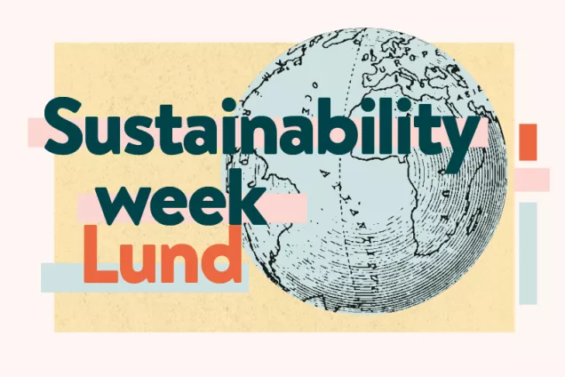 The text Sustainability week Lund against a yellow background. Under the text an illustrated light blue globe. Graphic illustration.