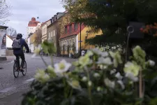 En person cyklar på en gata i Lund. Foto.