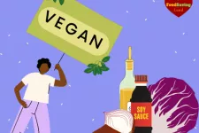 A person holding a sign that says Vegan. Different food items. Illustration.