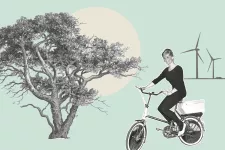 Illustration med träd, en cyklist och två vindkraftverk