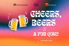 Two glasses of beer cheering, a text that says Cheers, Beers & Pub Quiz. Graphic illustration.