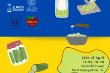 On a background illustration the ukrainan flag: a jar of pickle, cucumber, hands chopping cucumber. Illustration.