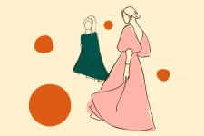 A person wearing a pink dress, behind another person wearing green, around them big dots in orange. Illustration.