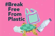 A plastic bag, a pet bottle and other plastic items. Text saying Break Free From Plastic. Illustration.