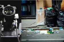 A photo of a film projector next to a photo of trash lying on the street. Photo collage.