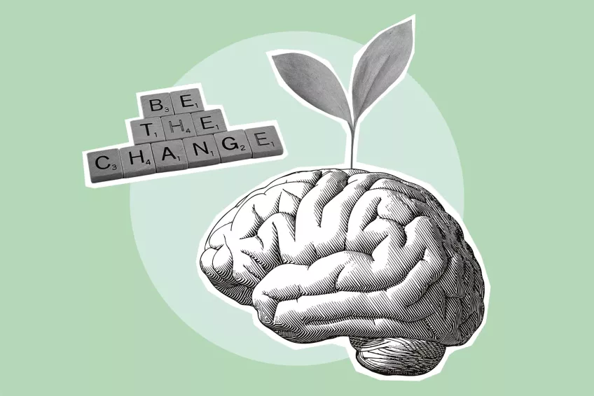 Illustration med hjärna, planta och texten Be the change.