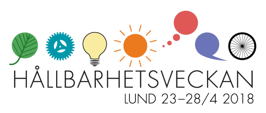 Symboler som visar ett löv, ett kugghjul, en glödlampa, en sol, en tankebubbla, en pratbubbla och ett hjul, under står texten Hållbarhetsveckan 23-28 april 2018. Grafisk illustration.