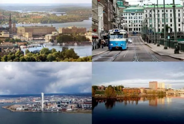 Fyra bilder på städer från ovan som visar trafik, hus och vatten. Fotokollage.
